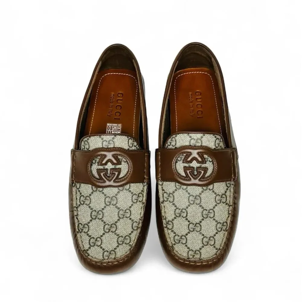 NIB Gucci Men Loafer 8.5 US 9 Brown GG Supreme Canvas Leather Driver Moccasins